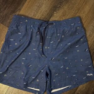 Huk Pursuit Printed Volley Shorts Mens Large Blue Palm Trees Fish Beer 5.5"